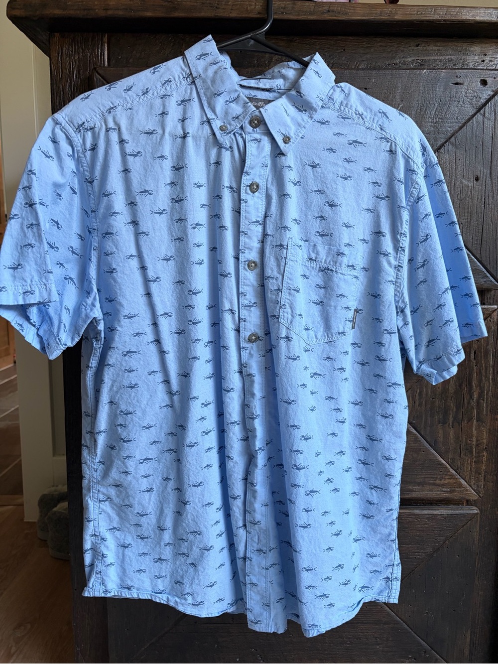 Eddie Bauer Light Blue Short-Sleeve Button-Down with Navy Fish Print